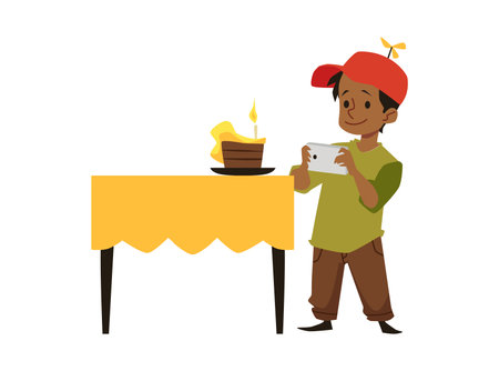 Cute boy takes picture of birthday cake on the table, flat vector illustration isolated on white background.のイラスト素材