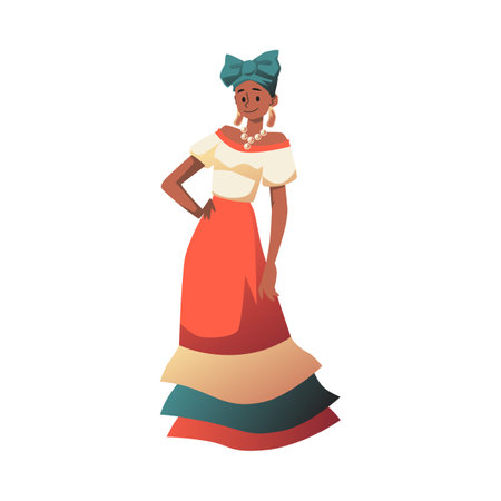 Cuban woman in colorful costume, cartoon flat vector illustration isolated.のイラスト素材