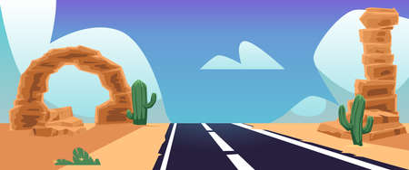 Highway road in empty sandy desert landscape, flat vector illustration.のイラスト素材