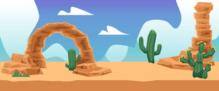 Desert landscape poster or game location background, flat vector illustration.のイラスト素材