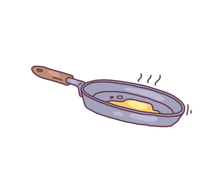 Frying pan with oil in hand drawn doodle style, vector illustration isolated on white background.のイラスト素材