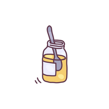 Glass jar with jam or honey and table spoon in cute doodle style, vector illustration isolated on white background.のイラスト素材