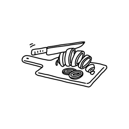 Carrots cut with knife on cutting board, doodle vector illustration isolated.のイラスト素材