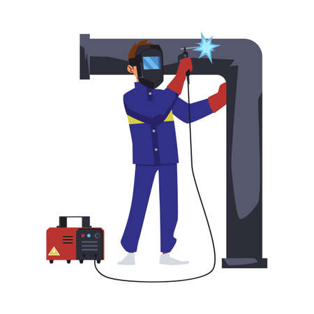 welding huge metal pipe, flat vector illustration isolated on white.のイラスト素材