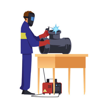 Welder welding metal pipe construction, flat vector illustration isolated.のイラスト素材