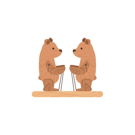 Wood retro toy for kid, two wooden bears in flat vector illustration isolatedのイラスト素材