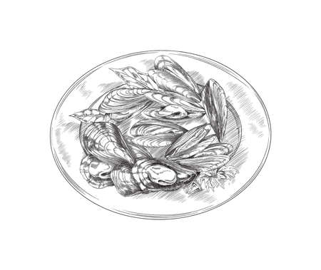 Mussel on plate, delicious seafood dish in monochrome sketch style - vector illustration isolated on white background.のイラスト素材