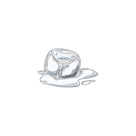 Melting ice cube in liquid paddle, sketch vector illustration isolated on white background.のイラスト素材