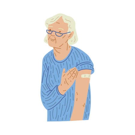 Elderly woman after vaccination flat cartoon vector illustration isolated.のイラスト素材