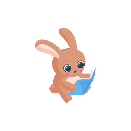 Cute bunny cartoon character reading book, flat vector illustration isolated.のイラスト素材