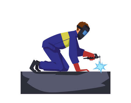 Welder worker cartoon character welds metal, flat vector illustration isolated.のイラスト素材