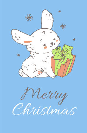 Cute rabbit or bunny holding Christmas gift box, cartoon poster template - vector illustration.のイラスト素材