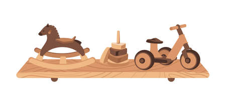 Wooden toys and games for kids education, flat vector illustration isolated.のイラスト素材