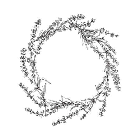 Beauty lavender wreath with leaves in outline sketch style, vector illustration isolated on white background.のイラスト素材