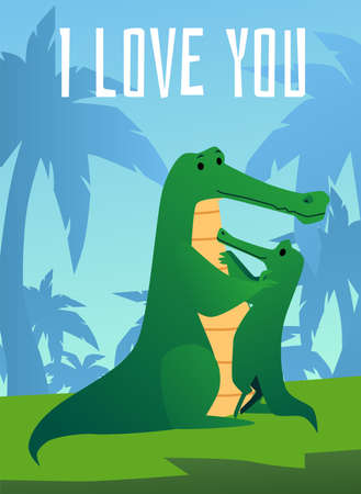 Love you card with adorable family of crocodiles, flat vector illustration.のイラスト素材