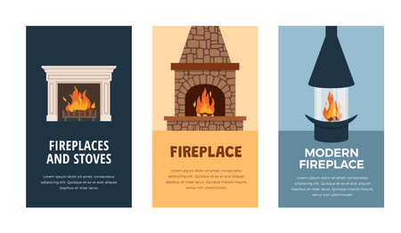 Fireplace and stove advertising banners or posters flat vector illustration.のイラスト素材