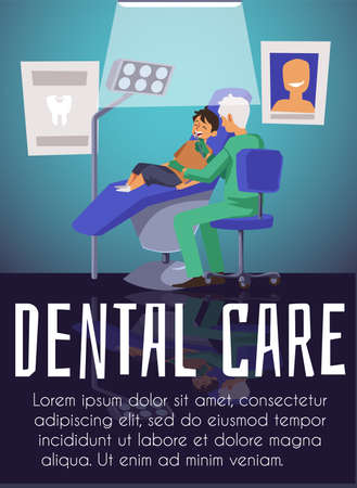 Happy child boy sits in dentist chair during medical examination, poster template flat vector illustration.のイラスト素材