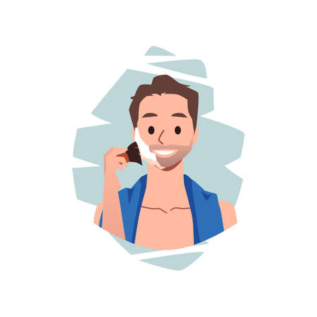 Handsome young man applies shaving foam with shaving brush, cares for his faceのイラスト素材