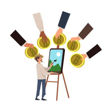 NFT picture with male artist during drawing process flat styleのイラスト素材