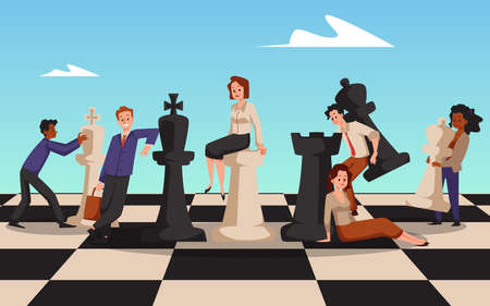People with giant chess figures flat styleのイラスト素材