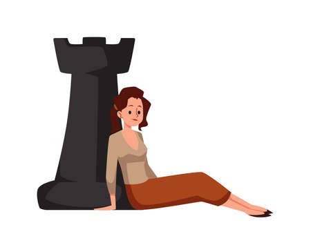 Woman sitting next chess piece flat styleのイラスト素材
