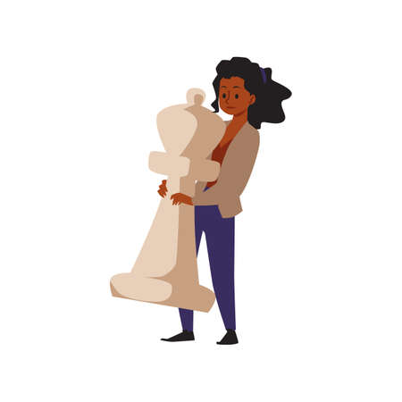African girl holding white chess bishop piece flat vector illustrationのイラスト素材