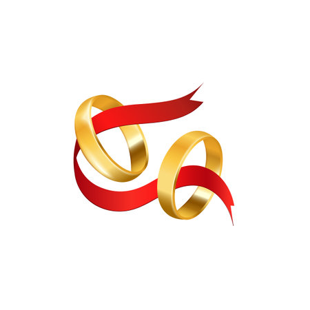 Pair of gold wedding rings with ribbon, realistic vector illustration isolated.のイラスト素材