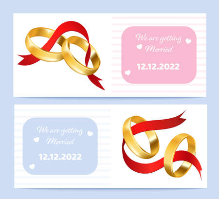 Wedding invitation card templates with gold rings realistic vector illustration.のイラスト素材