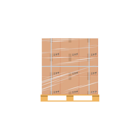 Pallet tray with parcels wrapped in stretch film, flat vector isolated.のイラスト素材