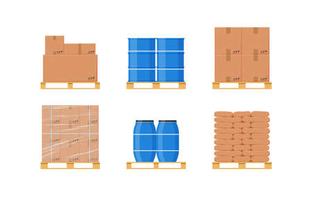 Storage containers and boxes stacked on pallets, vector illustration isolated.のイラスト素材