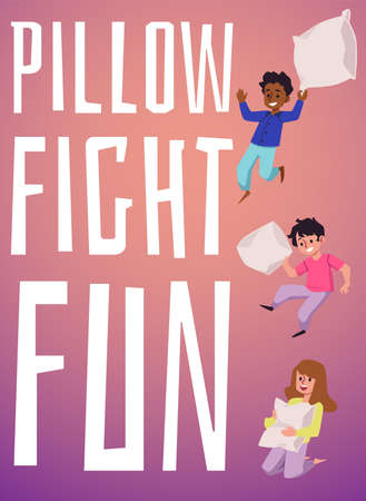 Pillow fight fun poster template with happy kids holding pillows, flat vector illustrationÑのイラスト素材