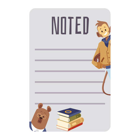 Notebook page for memos with cute animals characters, bear and monkey school students, flat vector illustration.のイラスト素材