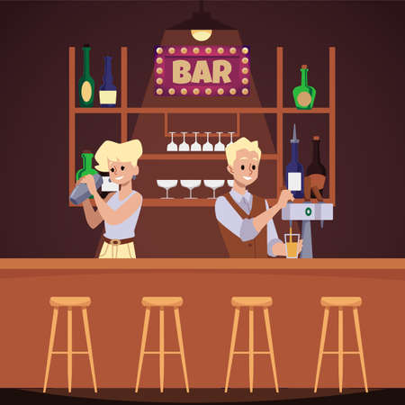 Two bartenders behind the counter in a bar. The bartender makes a cocktail, vector flat illustrationのイラスト素材