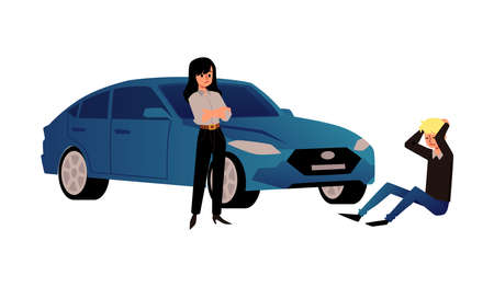 Driver of car and pedestrian gets into an accident vector flat illustration on white backgroundのイラスト素材