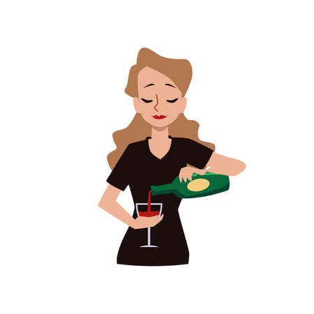 Bartender woman pours wine from a bottle into a glass vector flat illustration on a white backgroundのイラスト素材