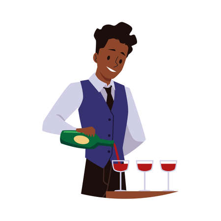 Professional bartender or waiter pouring wine into glasses, flat vector illustration isolated on white background.のイラスト素材