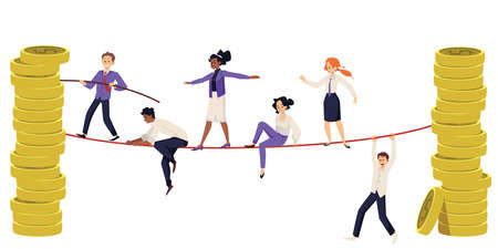 Financial balance - tightrope walking. People walking on a tightrope, vector flat illustration on a white background.のイラスト素材