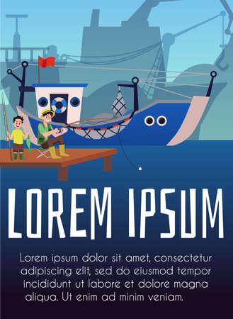 Cheerful father fishing with son on pier in the port, poster or flyer template, flat vector illustration.のイラスト素材