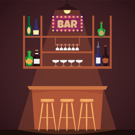 Empty bar counter with chairs and shelf with alcoholic drinks, flat vector illustration.のイラスト素材