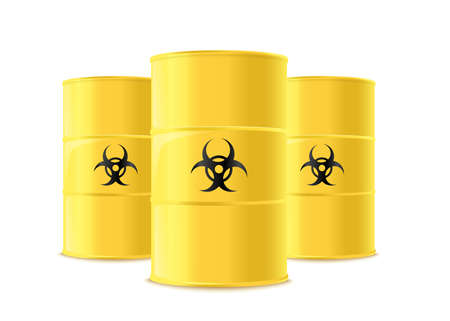 Three realistic yellow metal barrels with black biological hazard signのイラスト素材