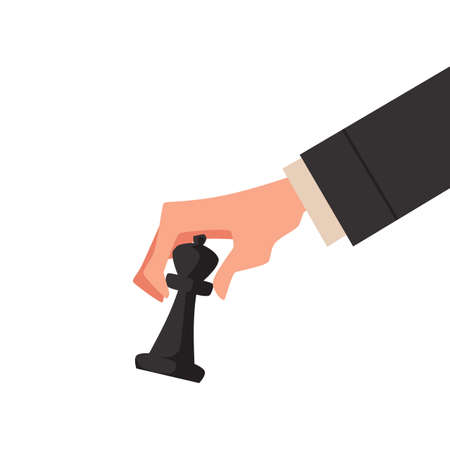 Black chess piece in mans hand on white background. Black chess bishop is strategic professional move, goal, flat vector illustration.のイラスト素材