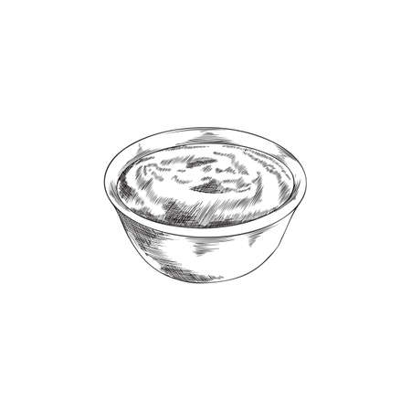 Bowl with sauce or yogurt, hand drawn sketch vector illustration isolated on white background.のイラスト素材