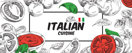 Horizontal website banner about Italian cuisine, hand drawn, vector illustrationのイラスト素材