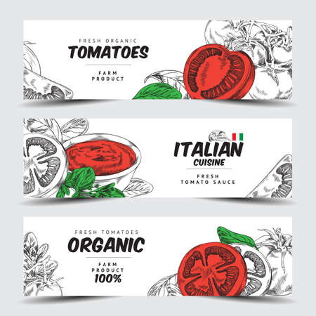 Tomato banners for Italian cuisine and vegetarian food, vector illustration.のイラスト素材