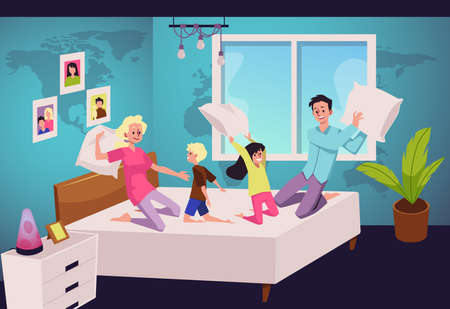 Parents and children having comic battle with pillows, flat vector illustration.のイラスト素材