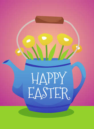 Cute cartoon easter teapot with flowers and text isolated on color backgroundのイラスト素材