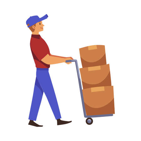 Loader or delivery man transports boxes on trolley, flat vector isolated.のイラスト素材