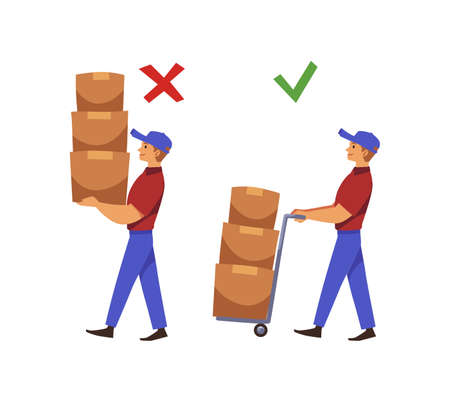Wrong and right way of carrying weights and loads, vector illustration isolated.のイラスト素材