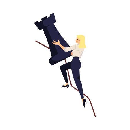 Woman holding black chess piece - rook, vector flat illustration on white background.のイラスト素材