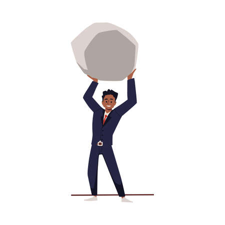 Young energetic man is pushing gray stone, a boulder. Businessman moving towards success, overcoming problemsのイラスト素材